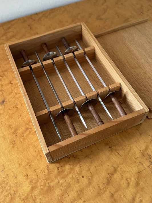 Vintage Mid Century 6 Hibachi Skewers Teak & Stainless Steel Miniature Swords 8”