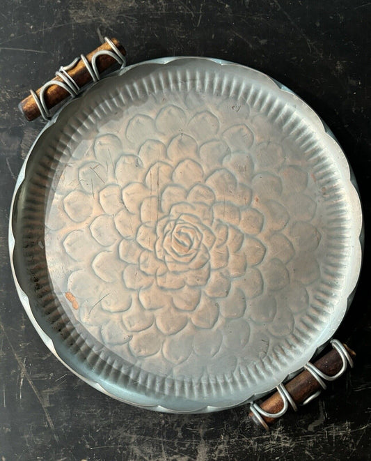 Mid Century Gregorian Copper Hand Hammered Serving Tray Wood Handles Californian