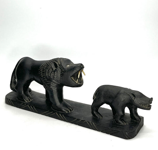 Vintage Lion & Boar Ebony Wood Hand Carved Sculpture