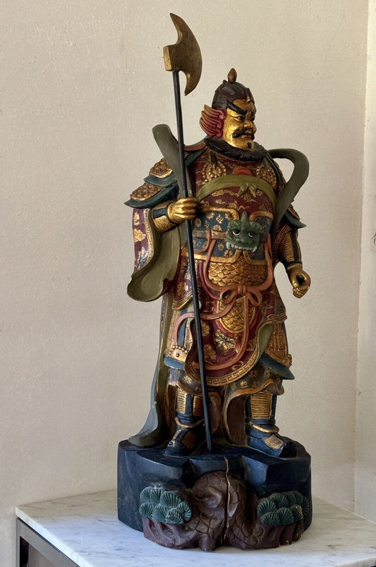 Vintage Chinese Carved Wood Guan Gong Yu Warrior God Polychrome Statue 40” Tall
