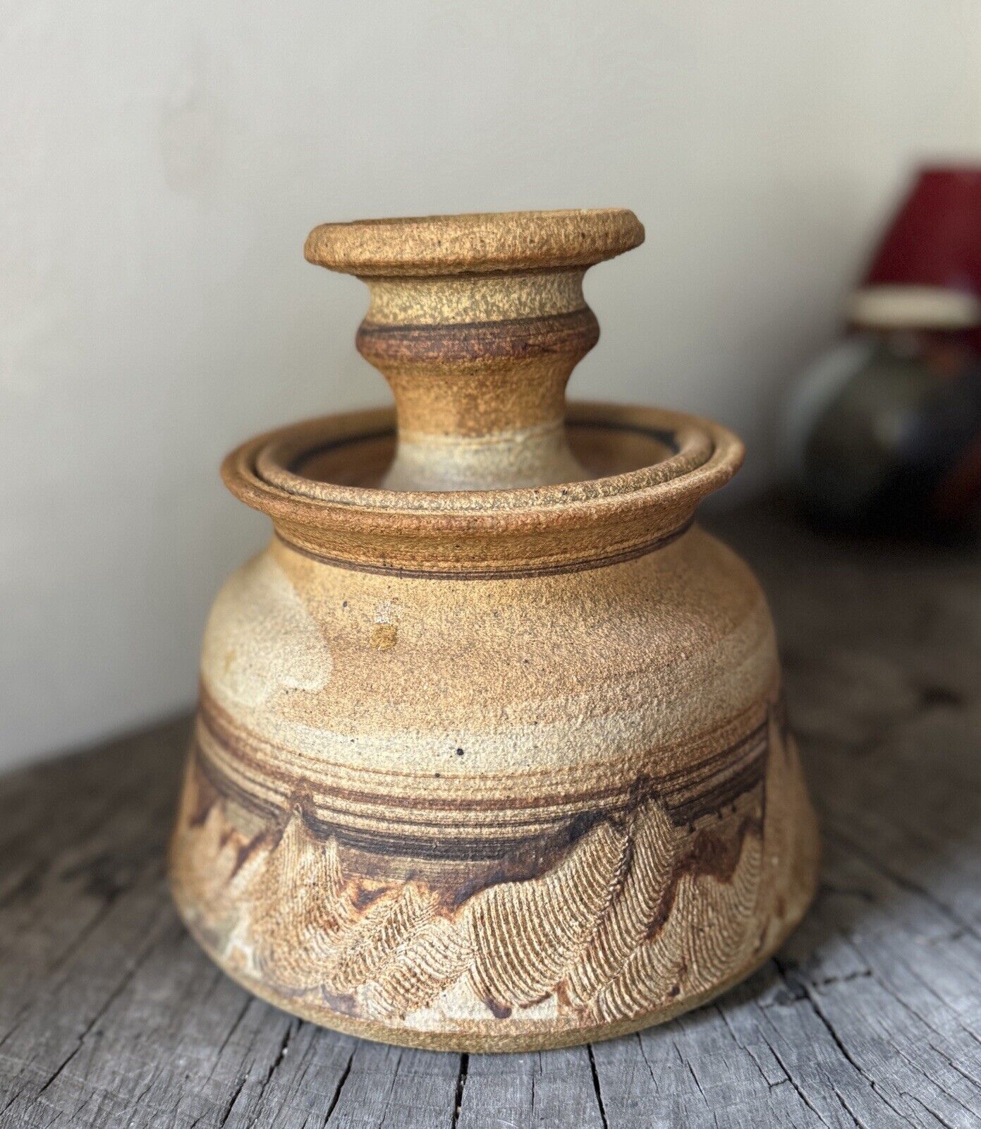 Vintage Art Studio Pottery Handmade Incised Jar With Lid