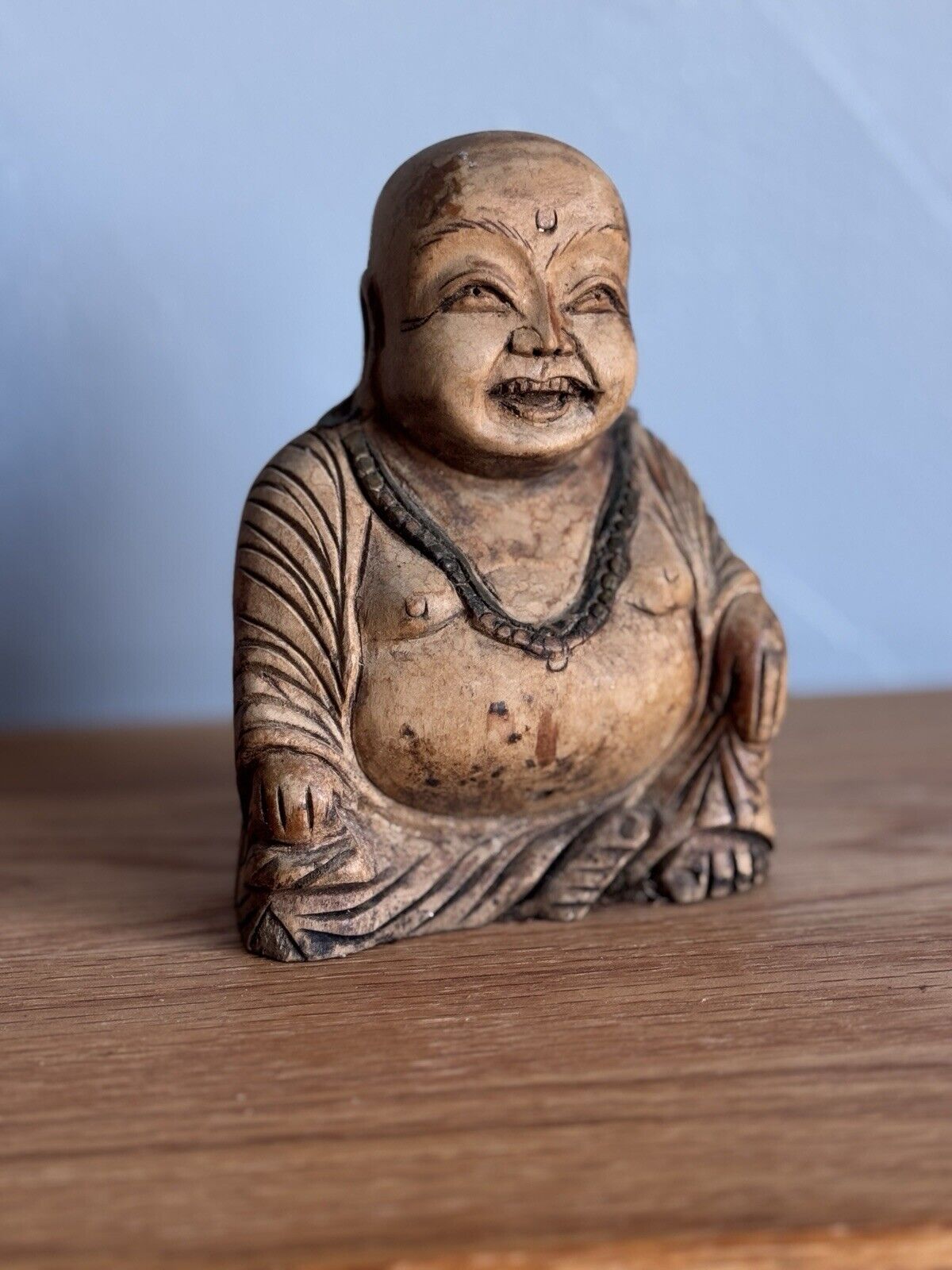 Antique Handcarved Wood Laughing Buddha Sculpture