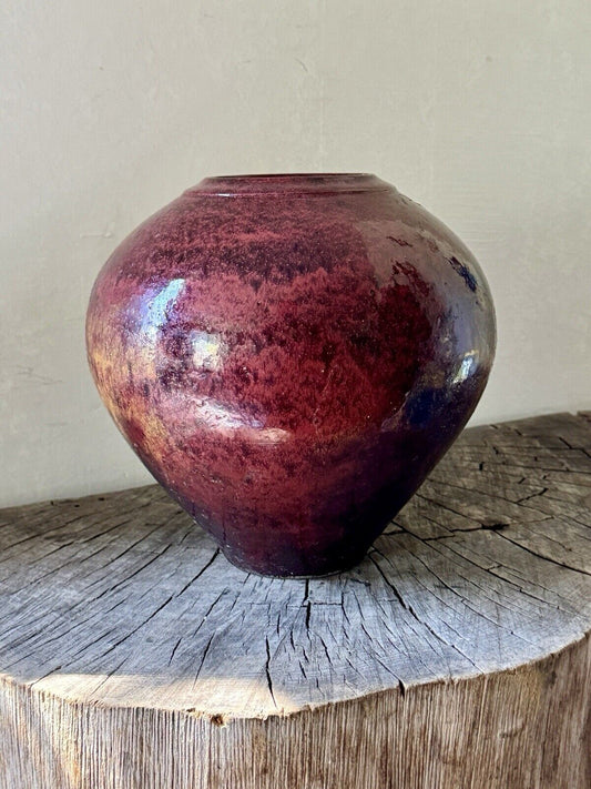 Original Red Glazed Raku Art Pottery Vase Signed