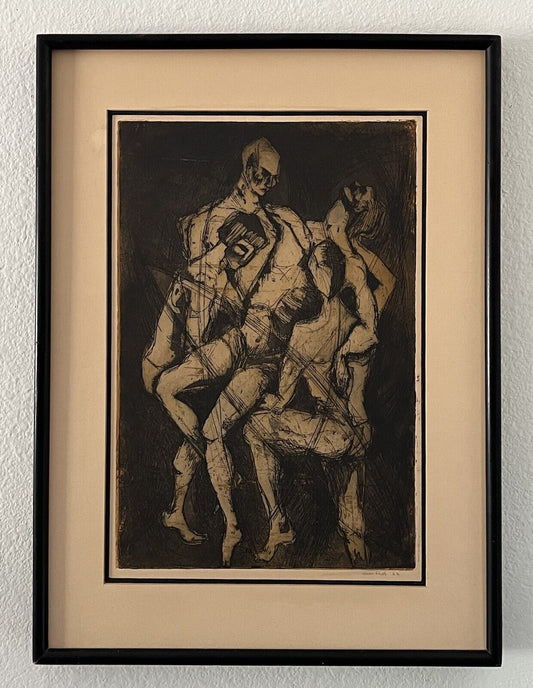 Mid Century Abstract Framed Etching By Joan Fast 1962