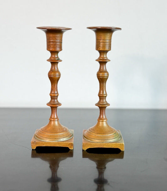 Antique Pair Of Early Petite Bronze Candle Sticks 6.5” Tall
