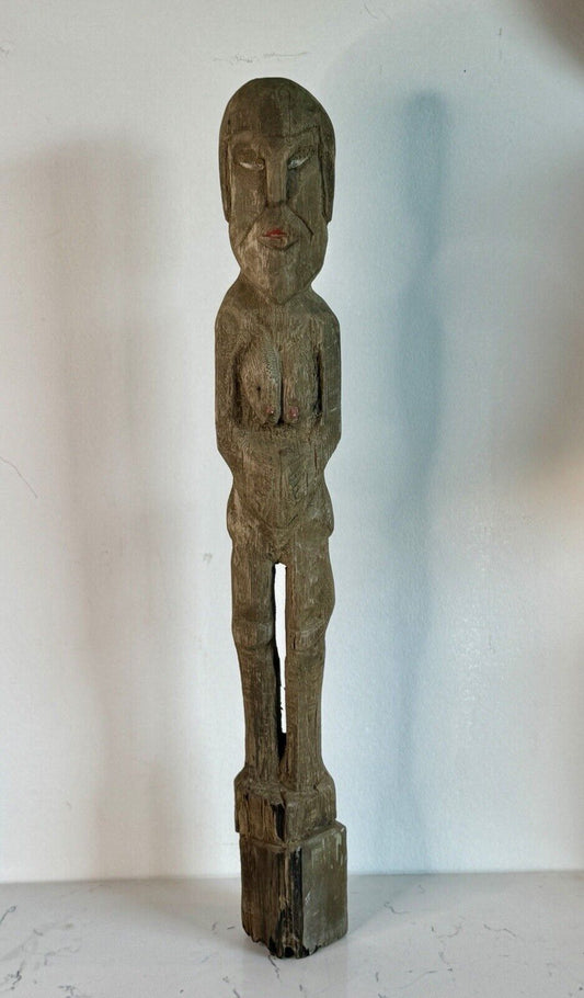 Antique Tribal Folk Art Wood Women Figure Carving Sculpture 30” Tall