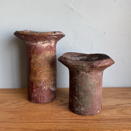 Vintage Pair Of Mid Century Handmade Terracotta Candle Holders