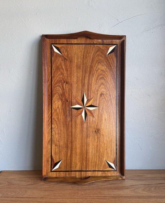 Vintage Austrian Marquetry Serving Tray Mixed Wood Star Inlay 20th Century