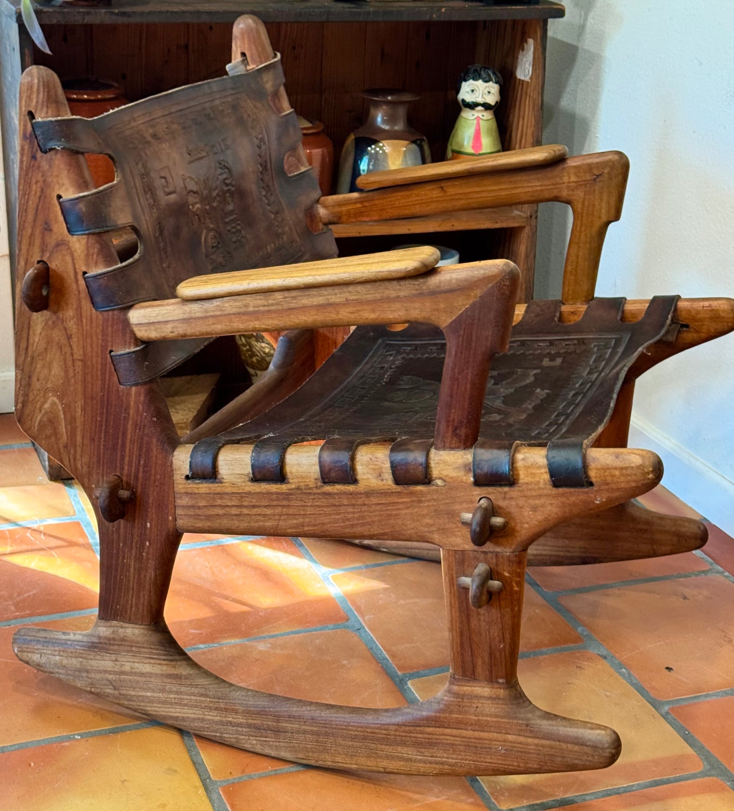 Mid Century South American Tooled Leather Safari Rocking Chair by Angel Pazmino