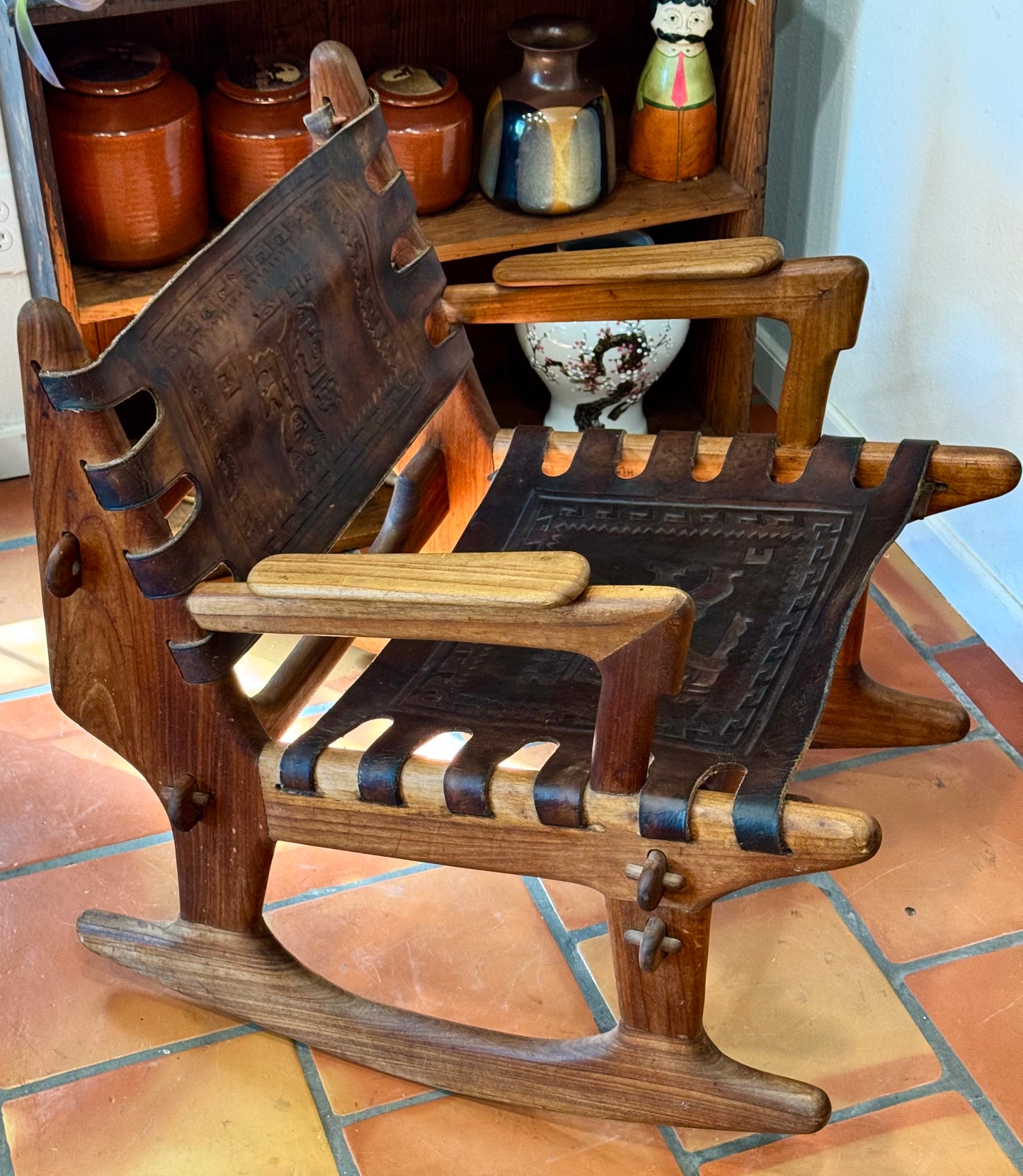 Mid Century South American Tooled Leather Safari Rocking Chair by Angel Pazmino