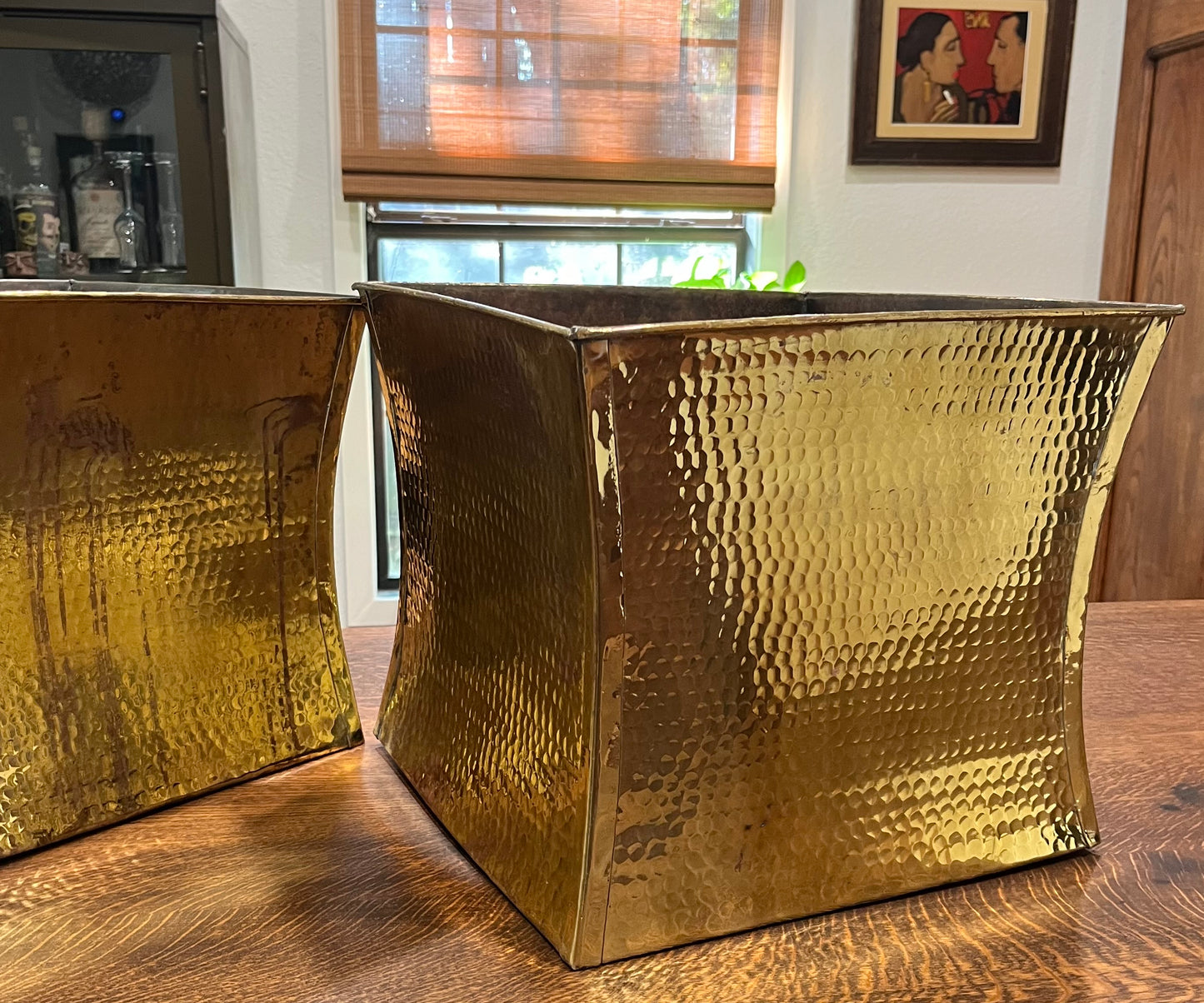 Vintage Pair Of Italian Hammered Brass Jardiniere Planters