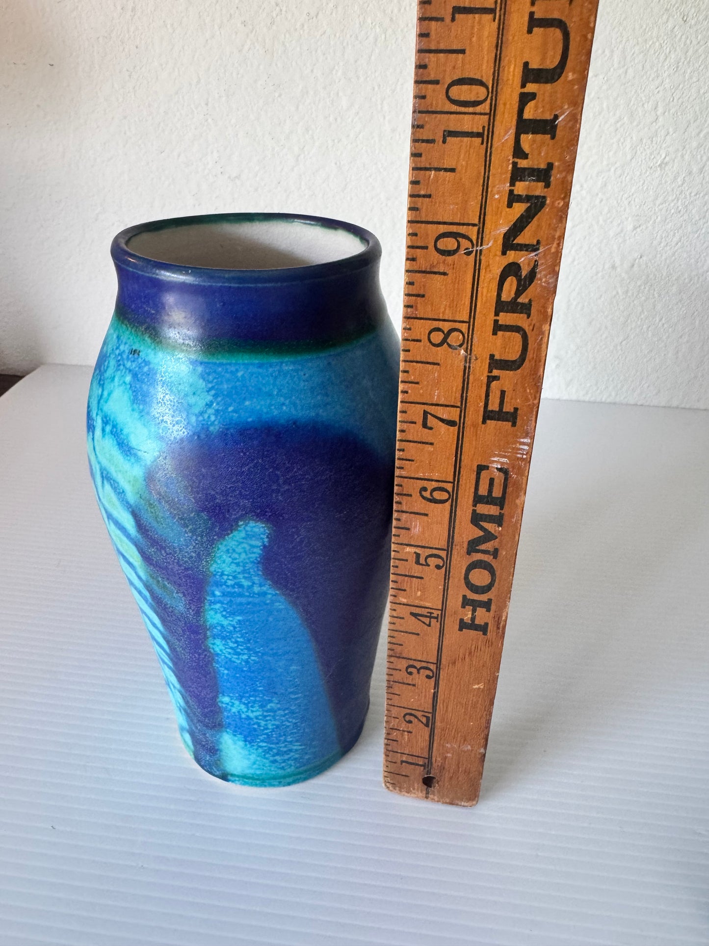 Vintage Blue Studio Pottery Vase Signed 8.75” Tall