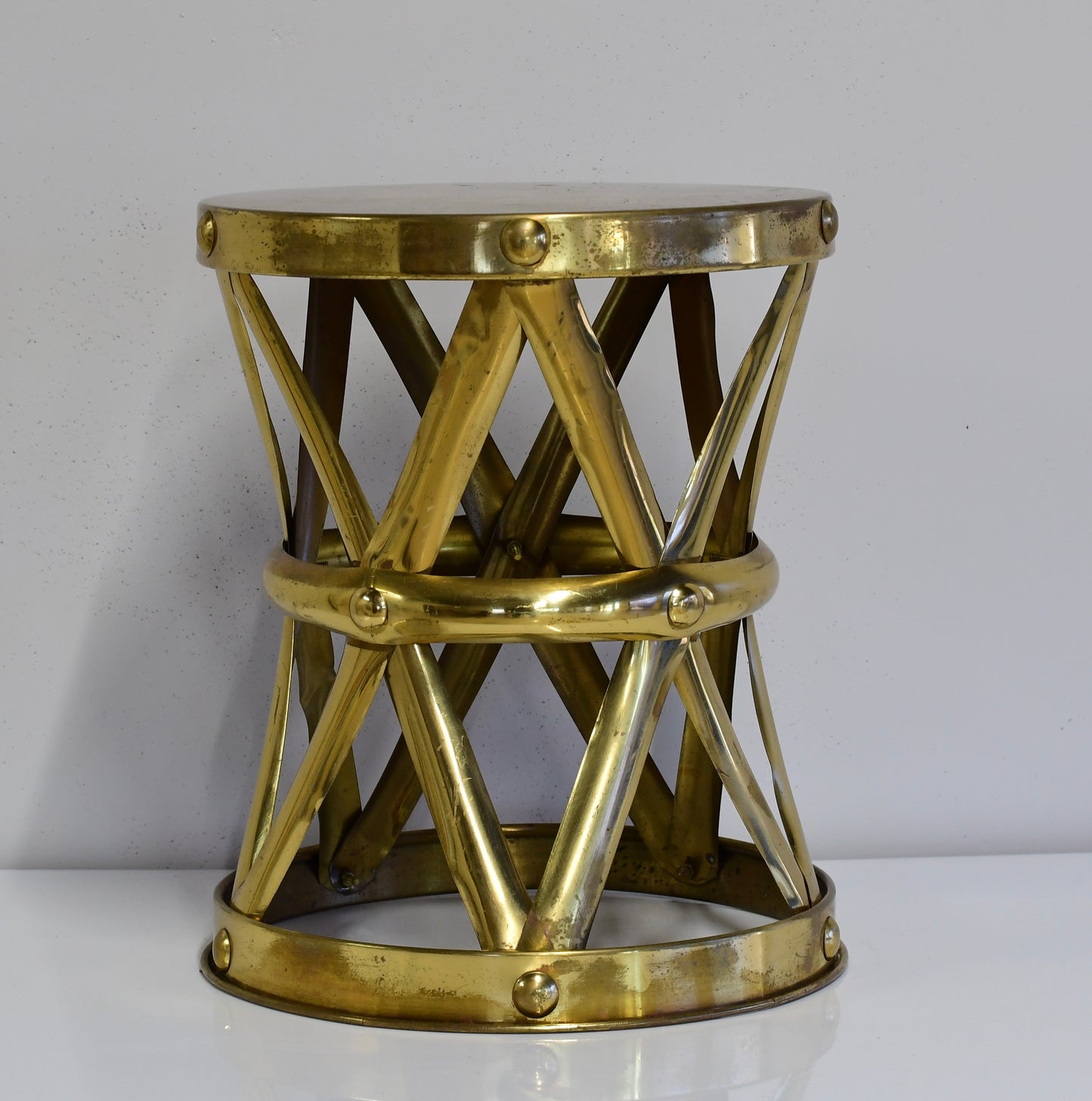 Vintage Hammered Brass Lattice Drum Table Garden Stool HK
