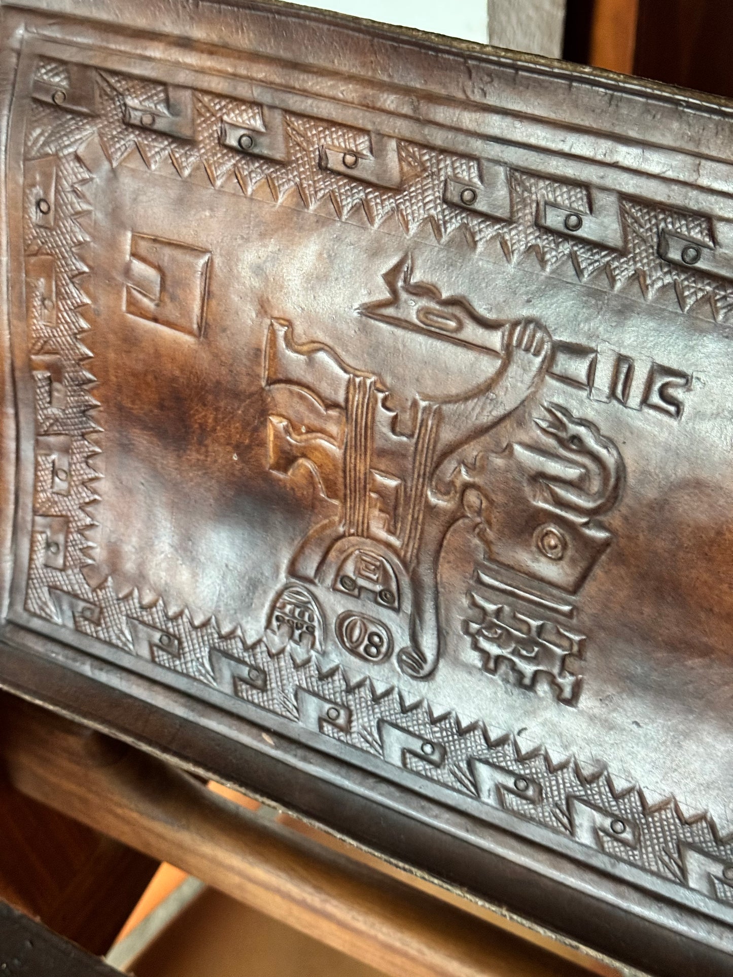 Mid Century South American Tooled Leather Safari Rocking Chair by Angel Pazmino