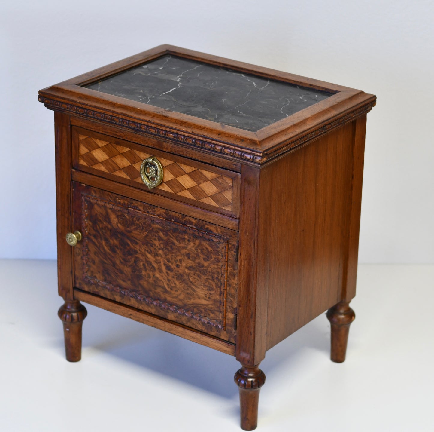 Antique French Louis XVI Petite Walnut & Marble Nightstand Side