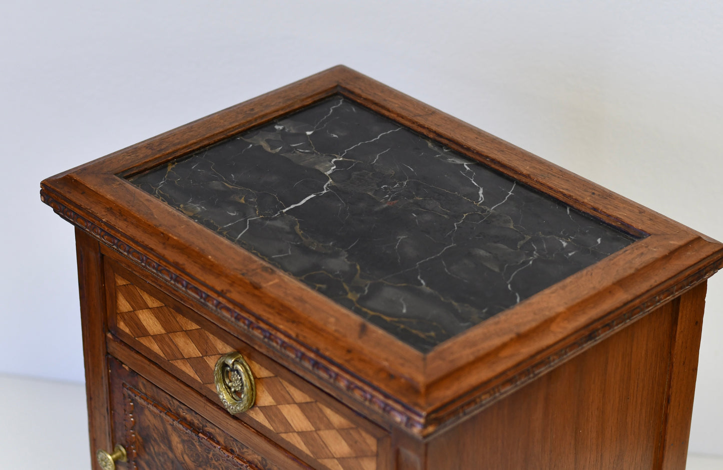 Antique French Louis XVI Petite Walnut & Marble Nightstand Side