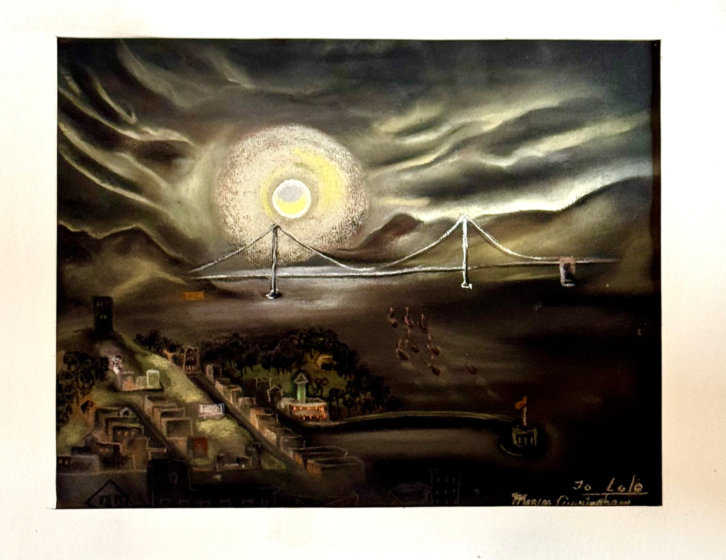 Original Marion Osborn Cunningham Pastel Painting Of San Francisco Bay