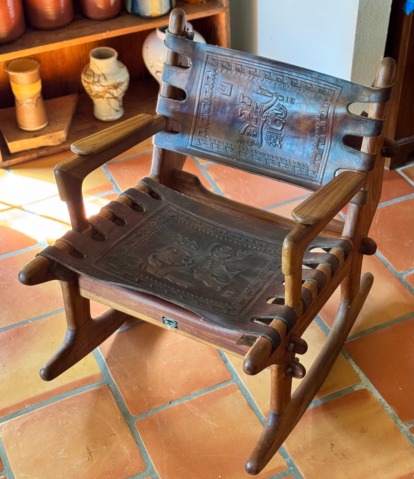 Mid Century South American Tooled Leather Safari Rocking Chair by Angel Pazmino