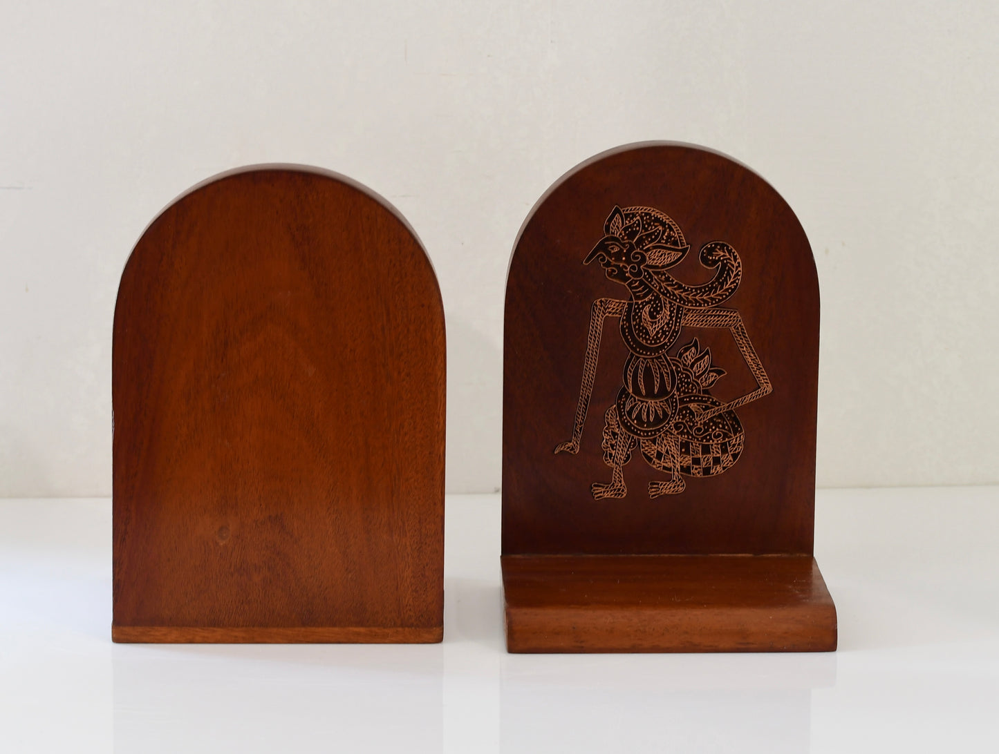 Vintage Indonesian Teak Bookends With Copper Batik Stamp Inlay