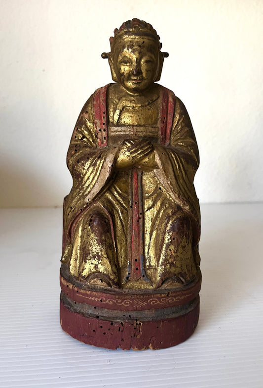Antique Chinese Gold Gilt Wood Wiseman Alter Sculpture 8.5” Tall