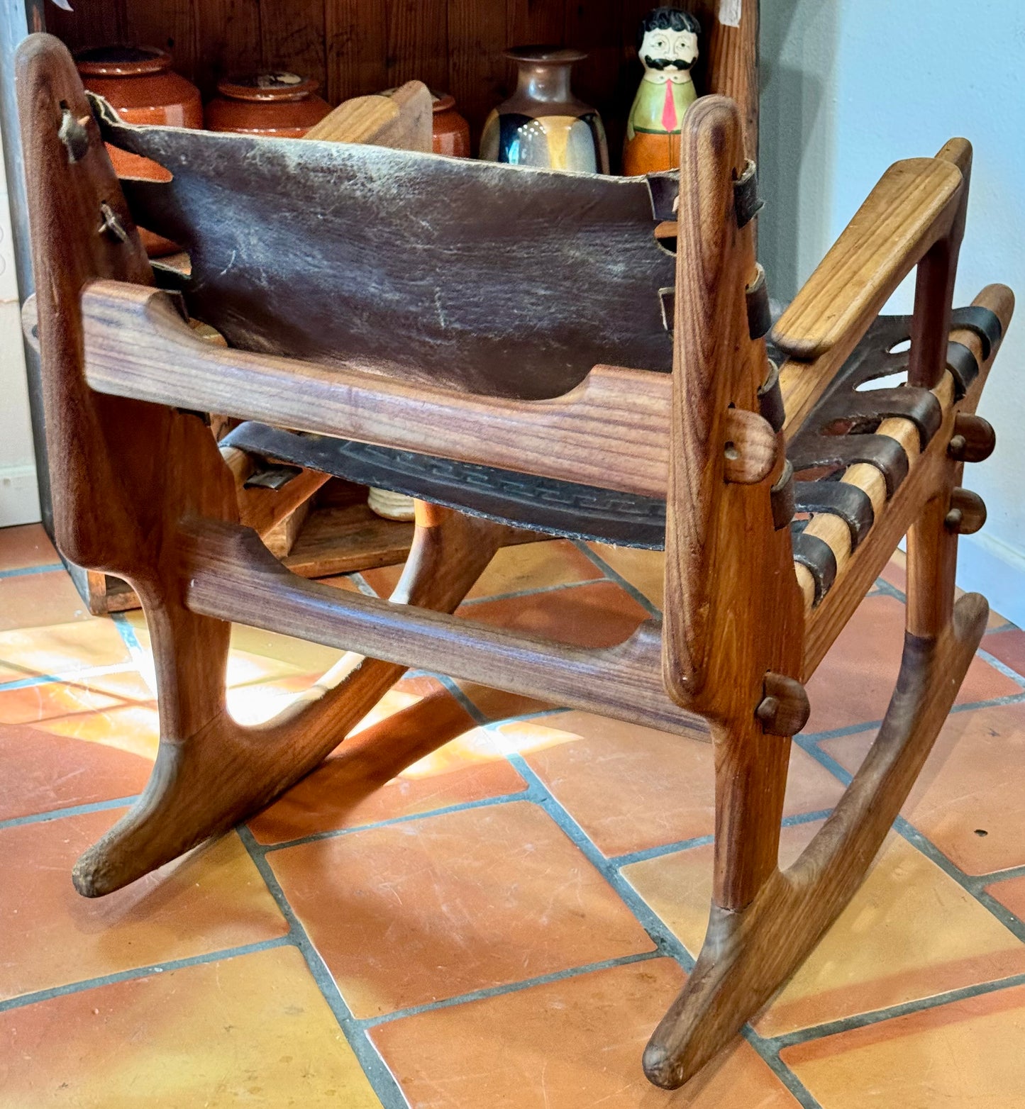 Mid Century South American Tooled Leather Safari Rocking Chair by Angel Pazmino