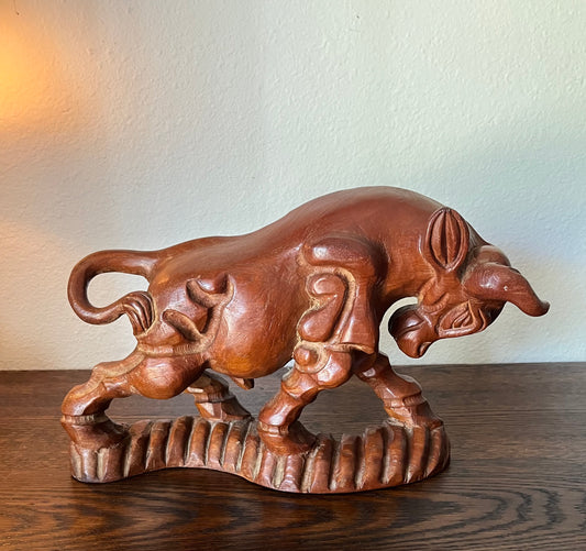 Vintage Hand Carved Chargering Large Wooden Bull 17” Long