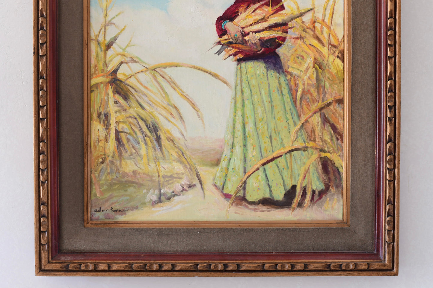 Original Navajo Women Oil Painting Collecting Corn Signed Ada