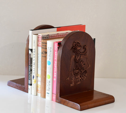 Vintage Indonesian Teak Bookends With Copper Batik Stamp Inlay