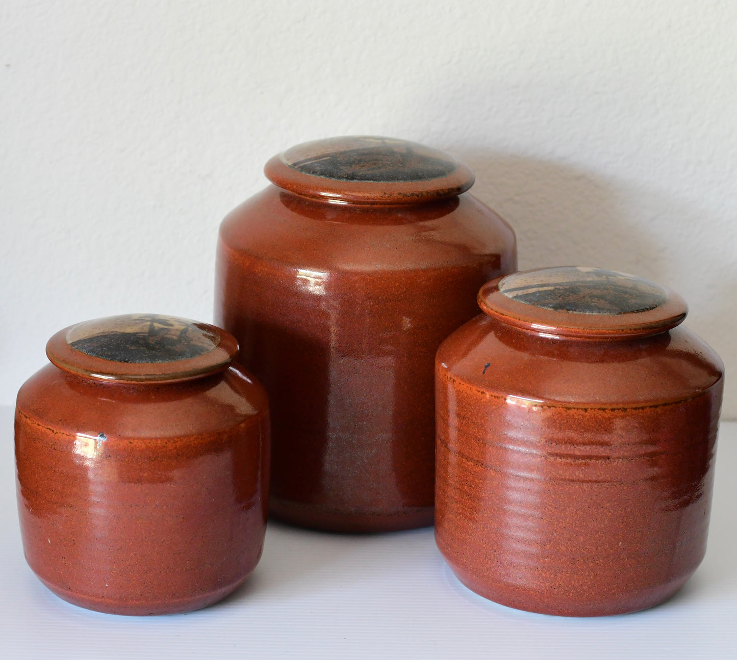 Vintage Set Of Three Studio Pottery Jars Containers Signed DH