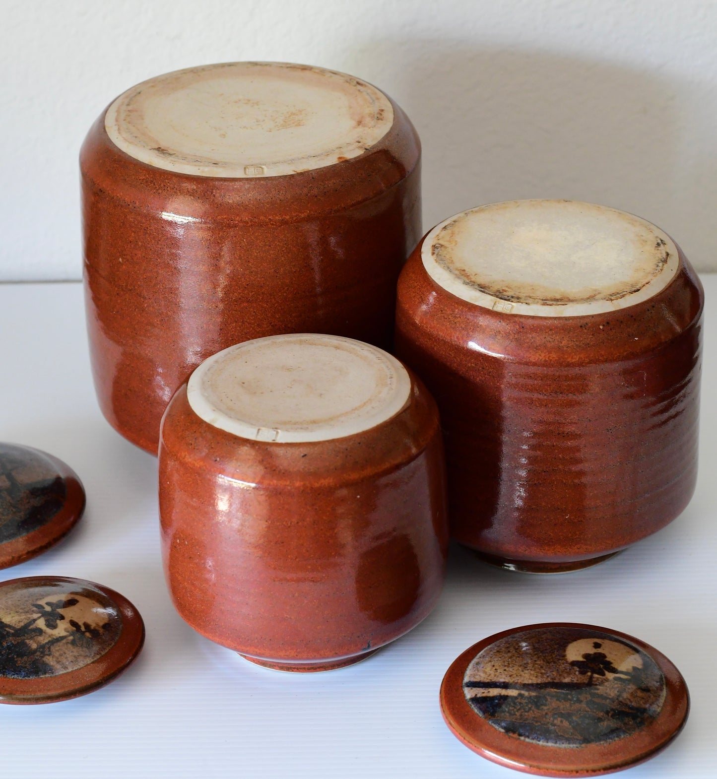 Vintage Set Of Three Studio Pottery Jars Containers Signed DH