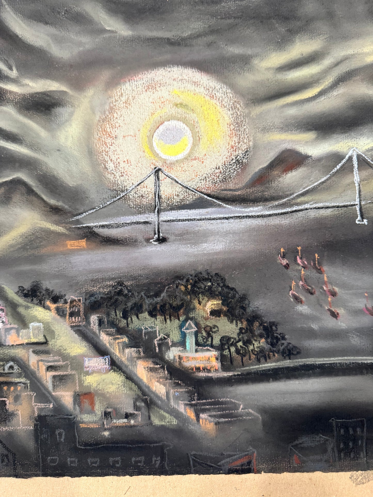 Original Marion Osborn Cunningham Pastel Painting Of San Francisco Bay