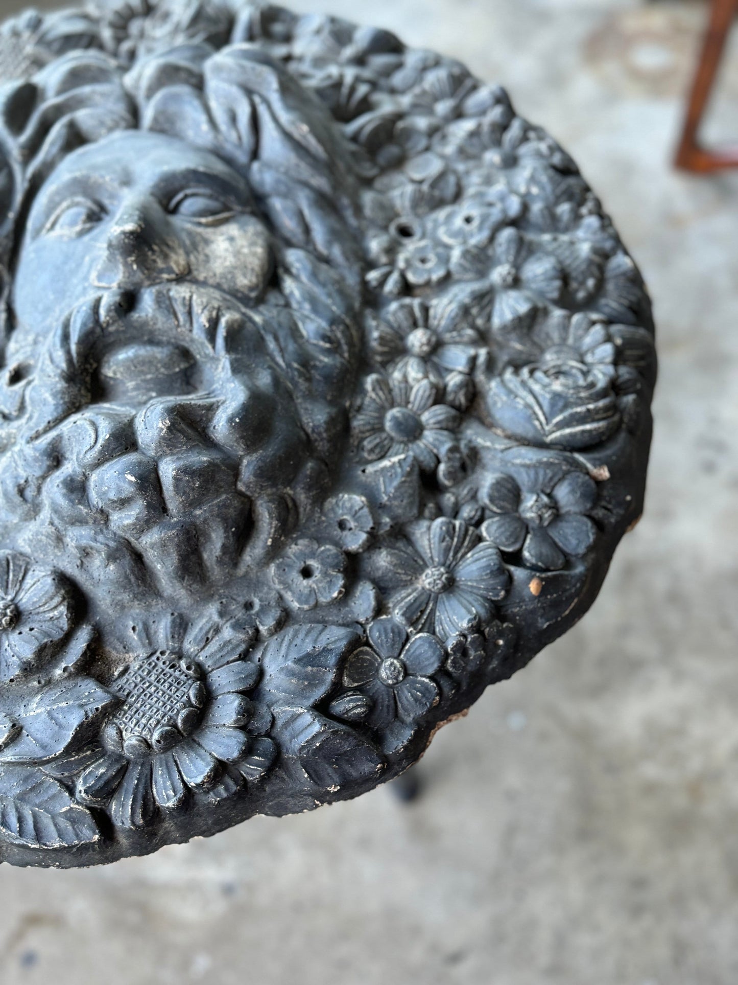 Vintage Cast Concrete Cement Figural Flower Face Sculpture Plaque 19” Diameter