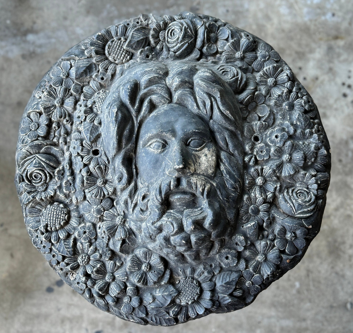 Vintage Cast Concrete Cement Figural Flower Face Sculpture Plaque 19” Diameter