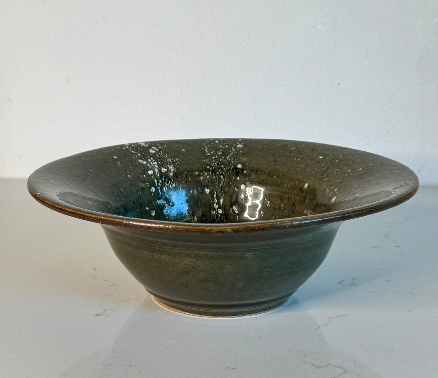 Vintage Artisan Green Bowl Handmade Studio Pottery ~ Signed M2  9”’ Diameter