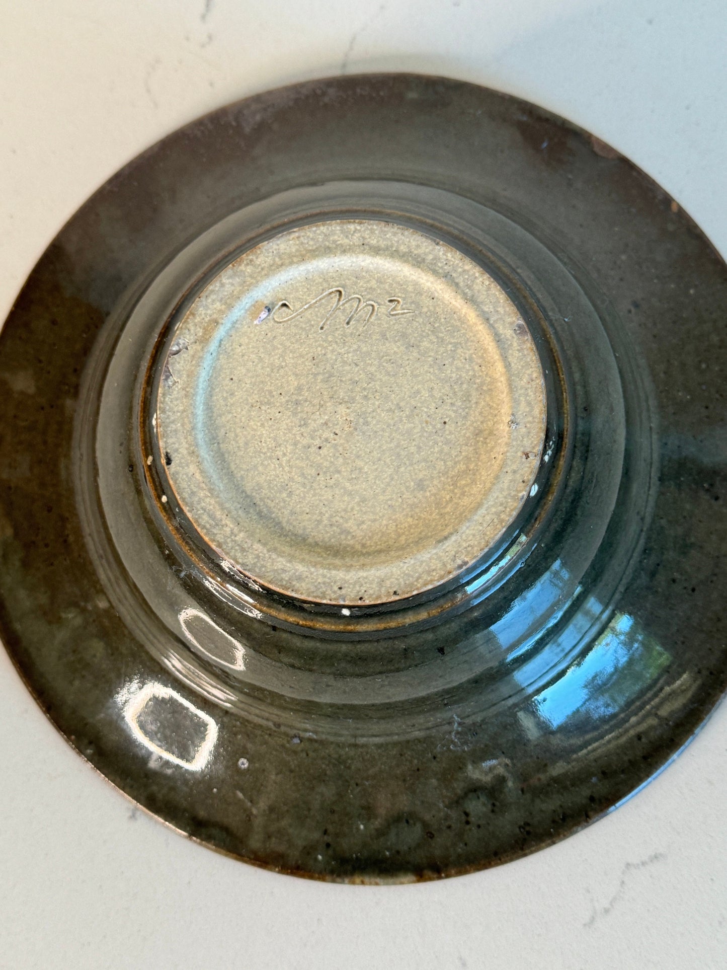 Vintage Artisan Green Bowl Handmade Studio Pottery ~ Signed M2  9”’ Diameter