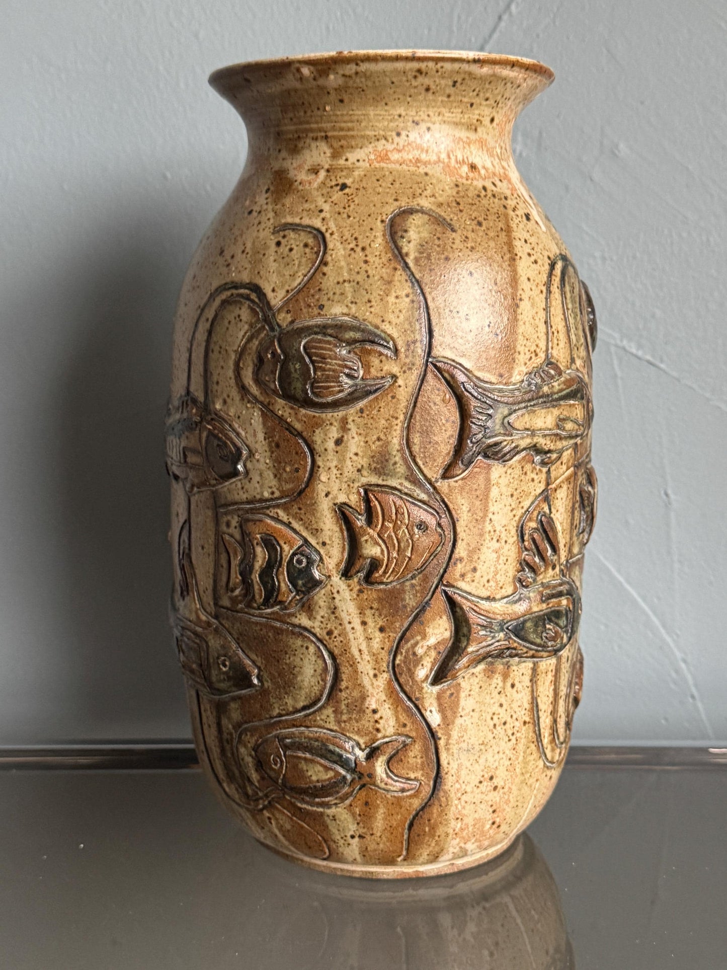 Vintage Gus & Leola Gikas Studio Pottery Fish Stoneware Vase 1976