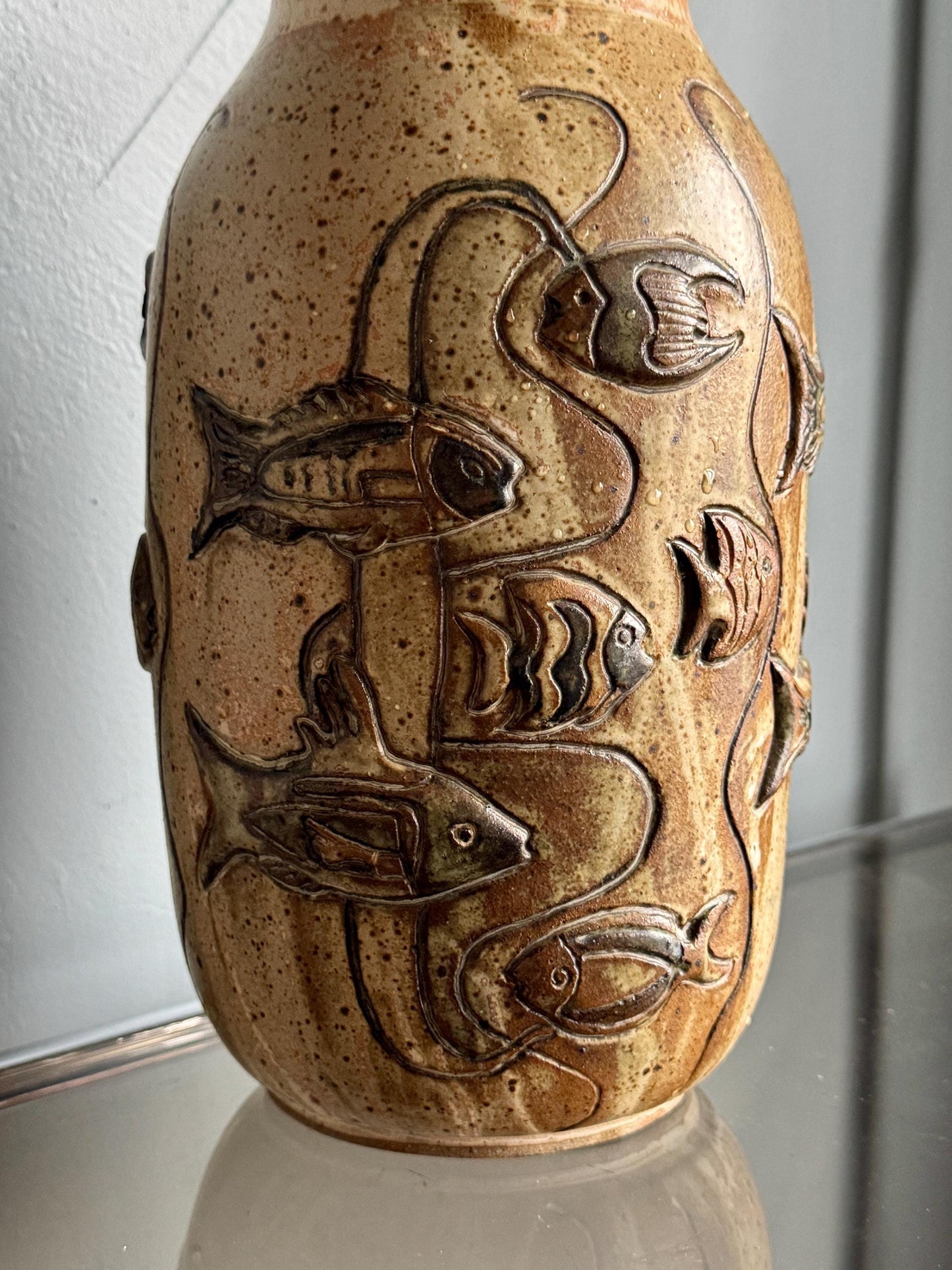 Vintage Gus & Leola Gikas Studio Pottery Fish Stoneware Vase 1976