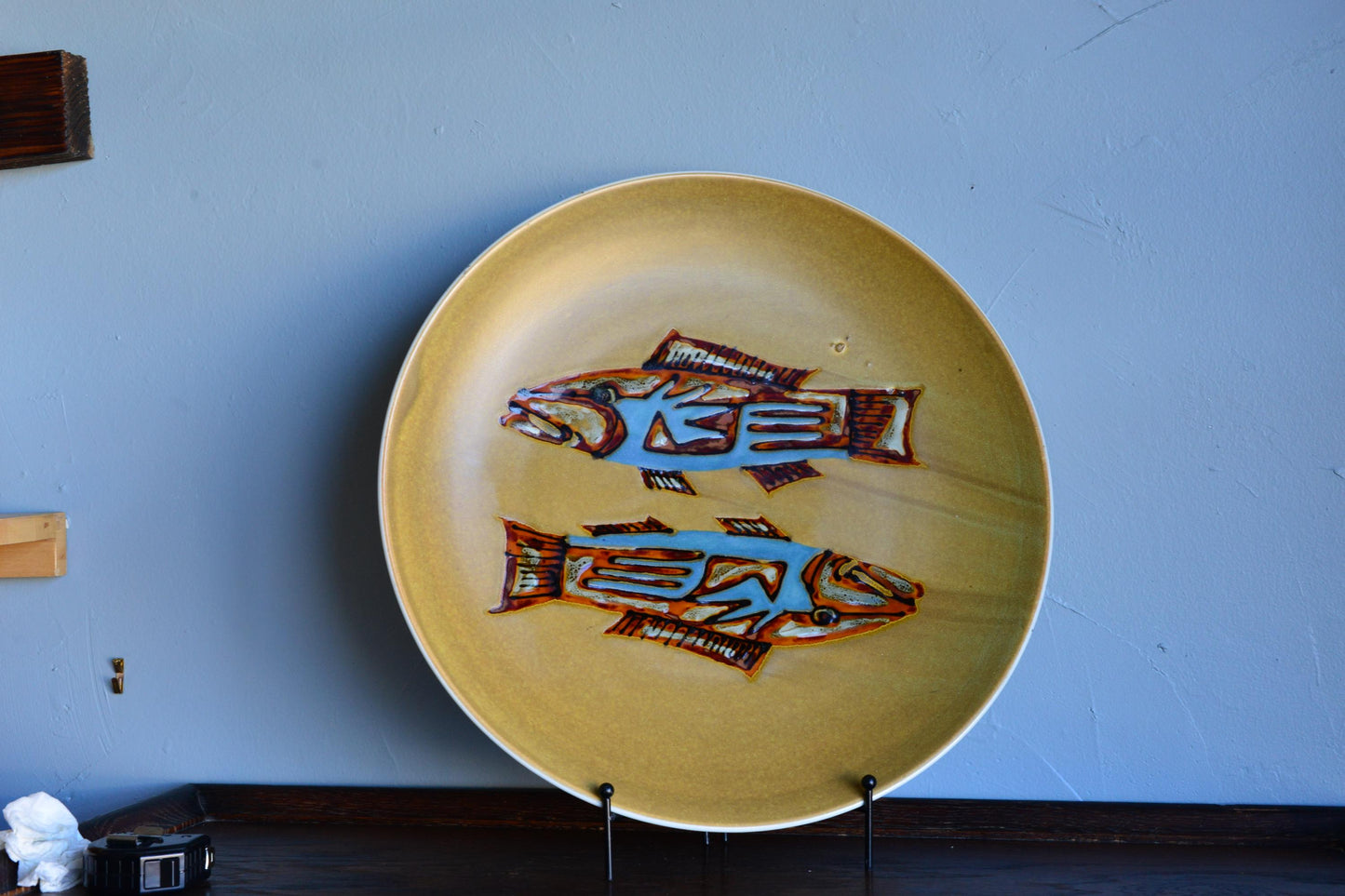 Vintage Fish Stoneware Mashiko Style Shoji Hamada Era Glaze Plate Signed 16”