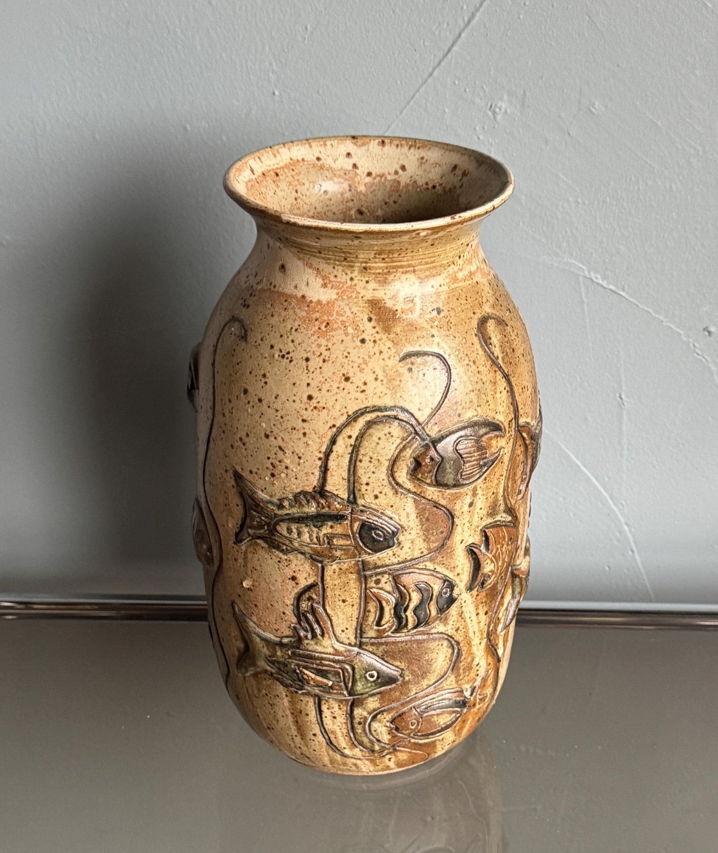 Vintage Gus & Leola Gikas Studio Pottery Fish Stoneware Vase 1976