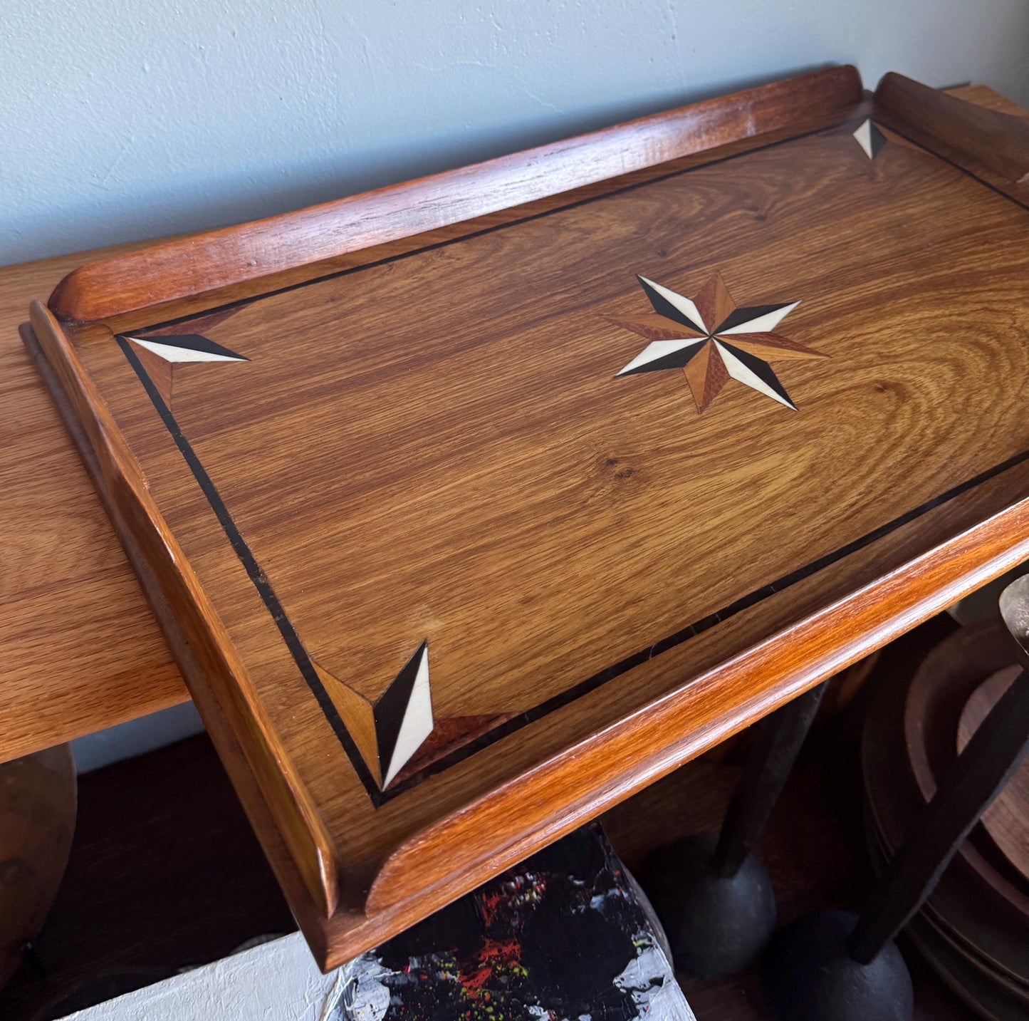 Vintage Austrian Marquetry Serving Tray Mixed Wood Star Inlay 20th Century