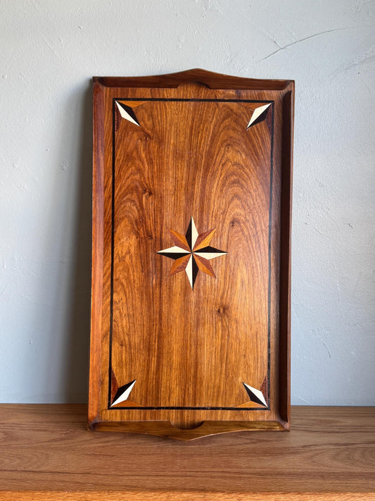 Vintage Austrian Marquetry Serving Tray Mixed Wood Star Inlay 20th Century