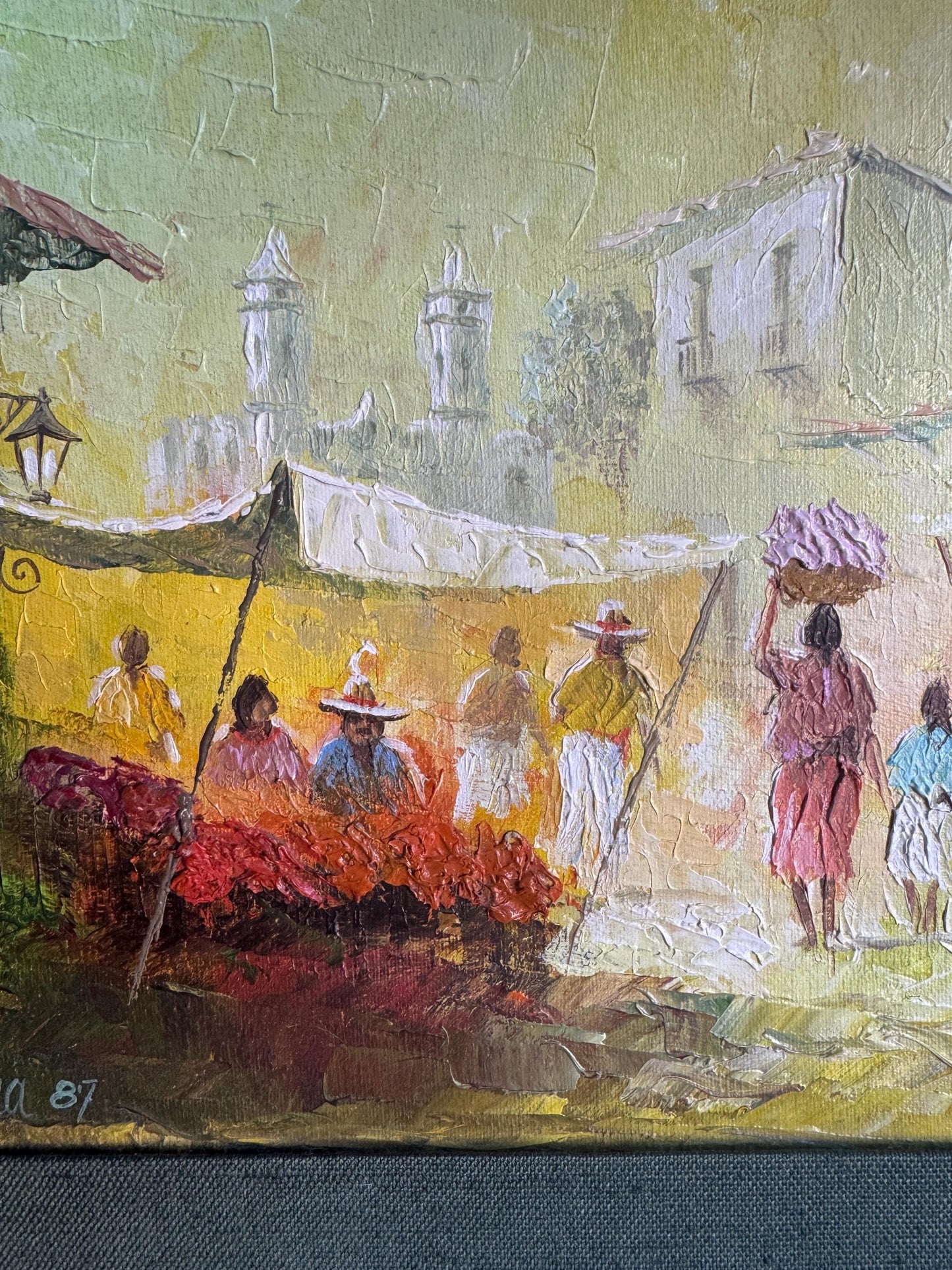 Original Efrén Cisneros García Painting Mexico Market Scene 1987
