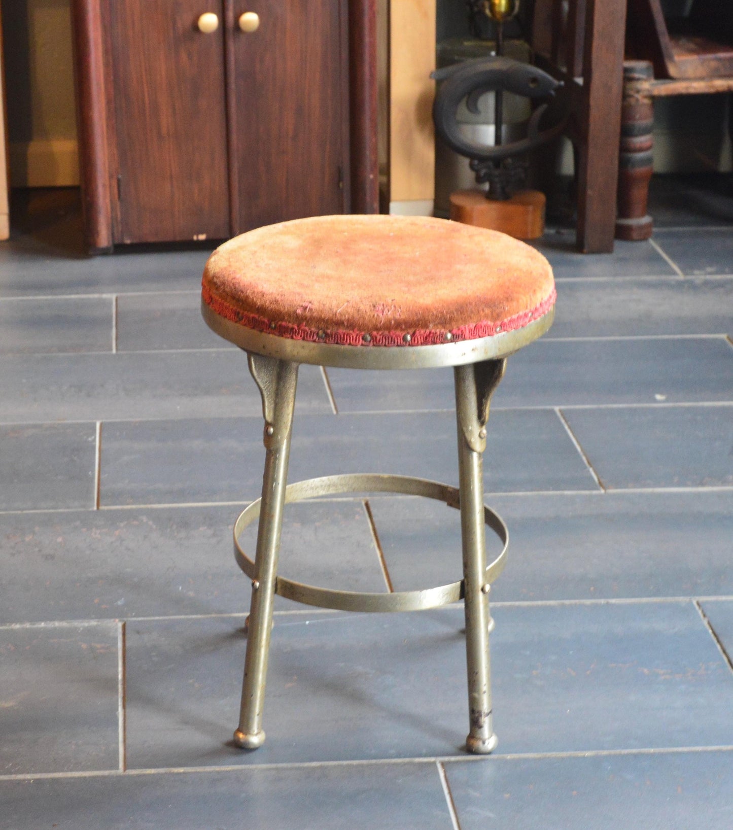 Vintage Art Deco Cast Iron & Chrome Stool 1920s