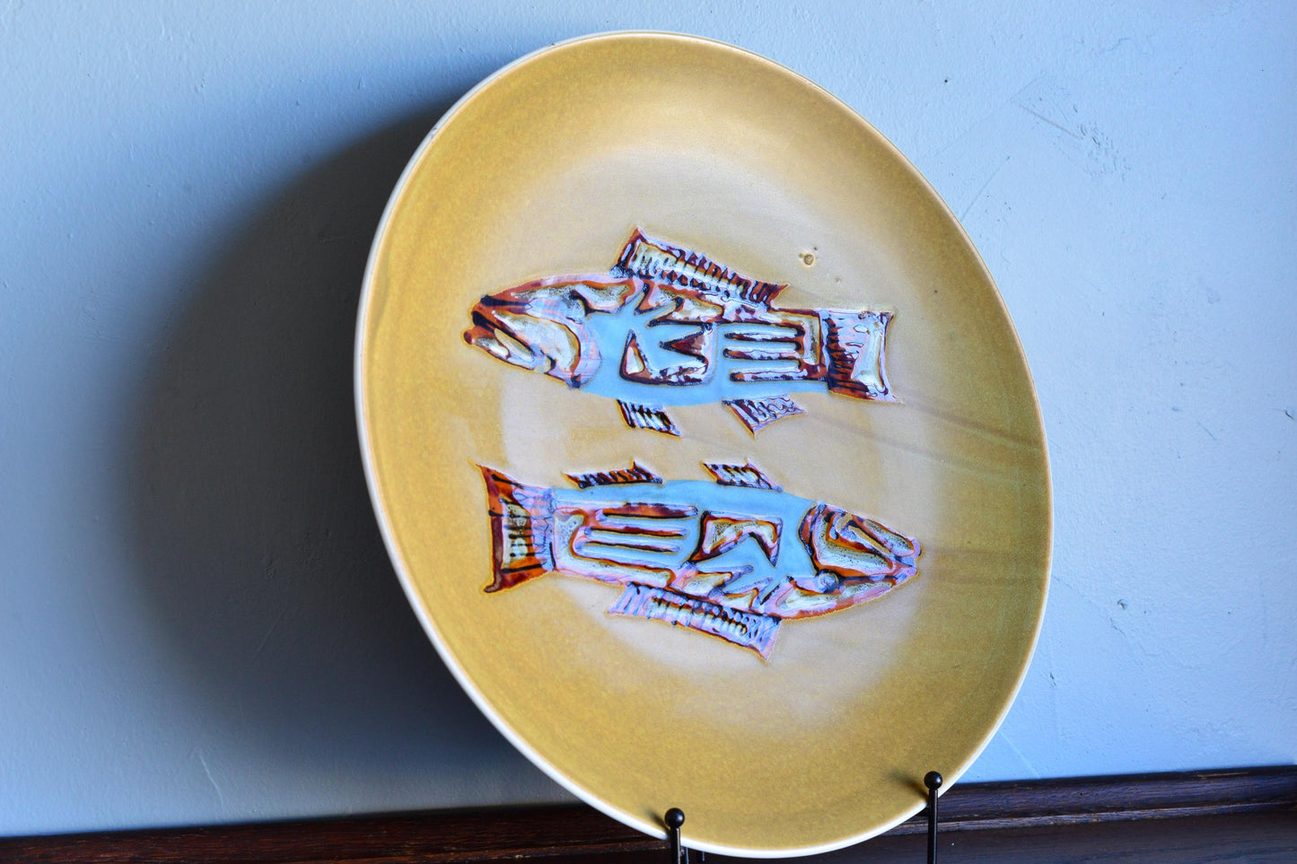 Vintage Fish Stoneware Mashiko Style Shoji Hamada Era Glaze Plate Signed 16”