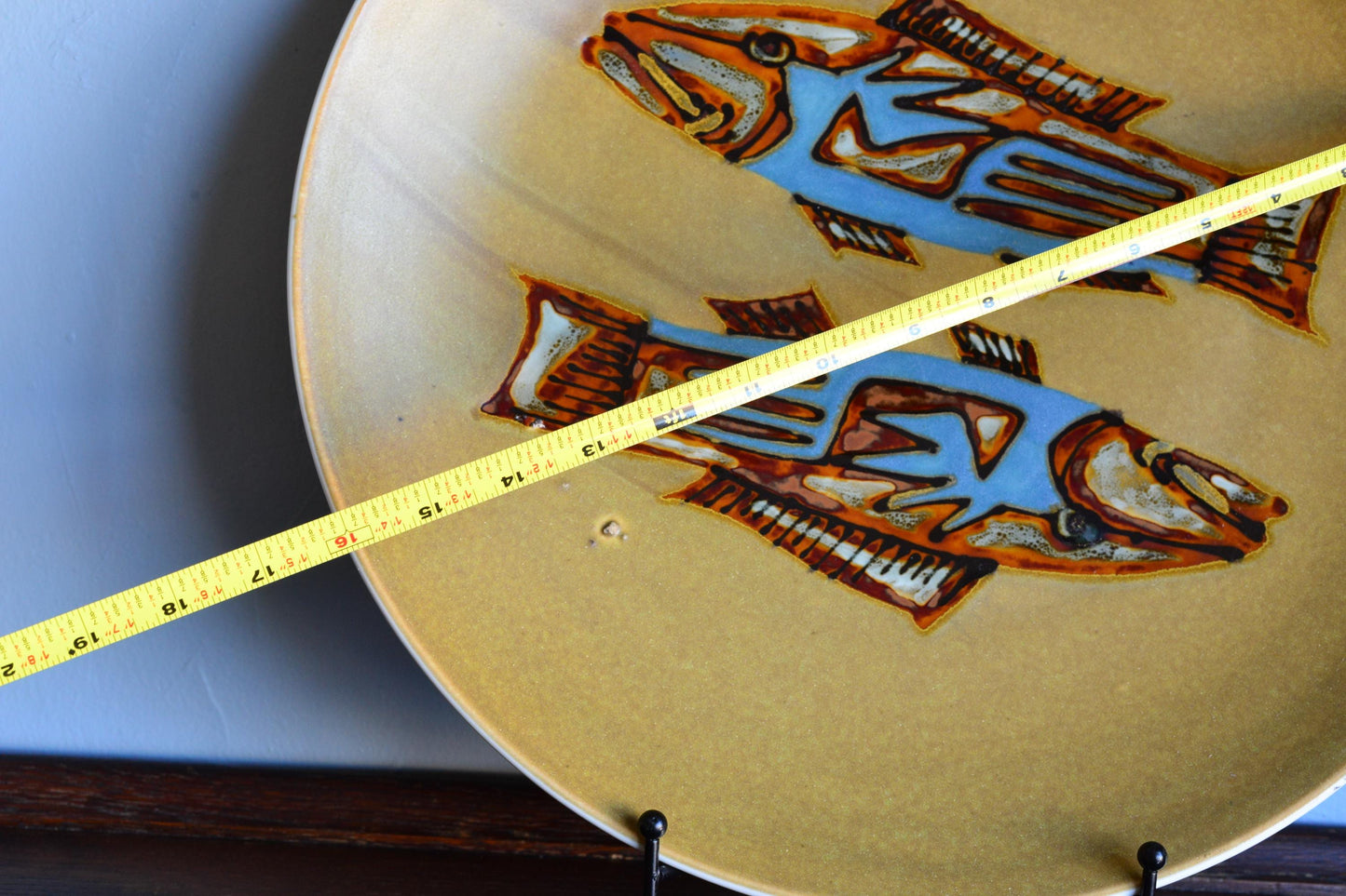 Vintage Fish Stoneware Mashiko Style Shoji Hamada Era Glaze Plate Signed 16”