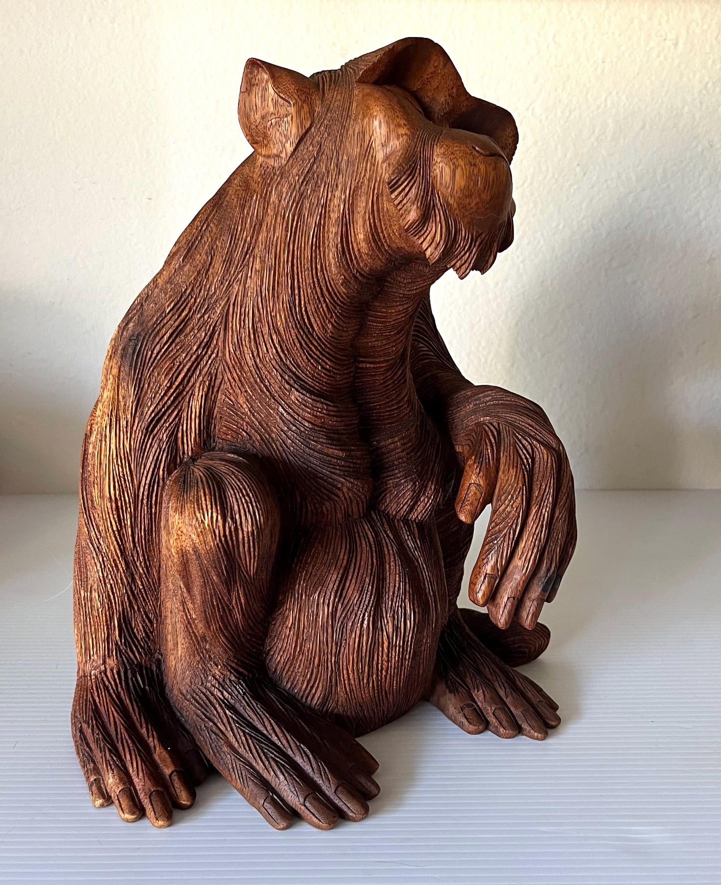 Vintage Hand Carved Teak Wood Monkey Ape Sculpture 12.5 Tall