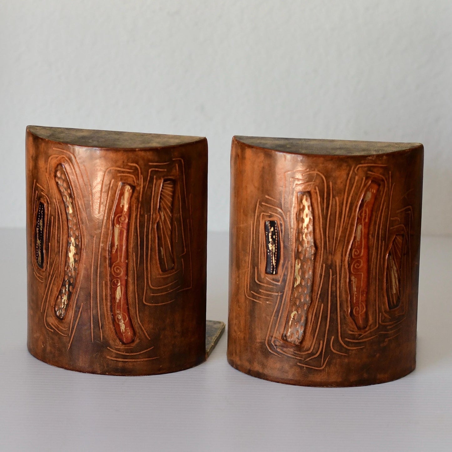 Vintage Pair Of Mid Century Italian Hand Painted Leather Bookends Fantoni Era
