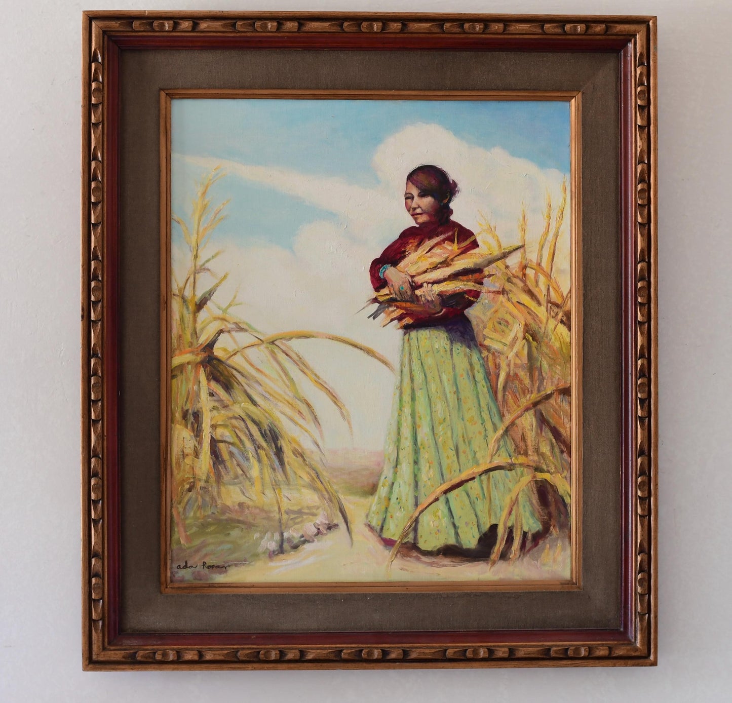 Original Navajo Women Oil Painting Collecting Corn Signed Ada 32” X 28”
