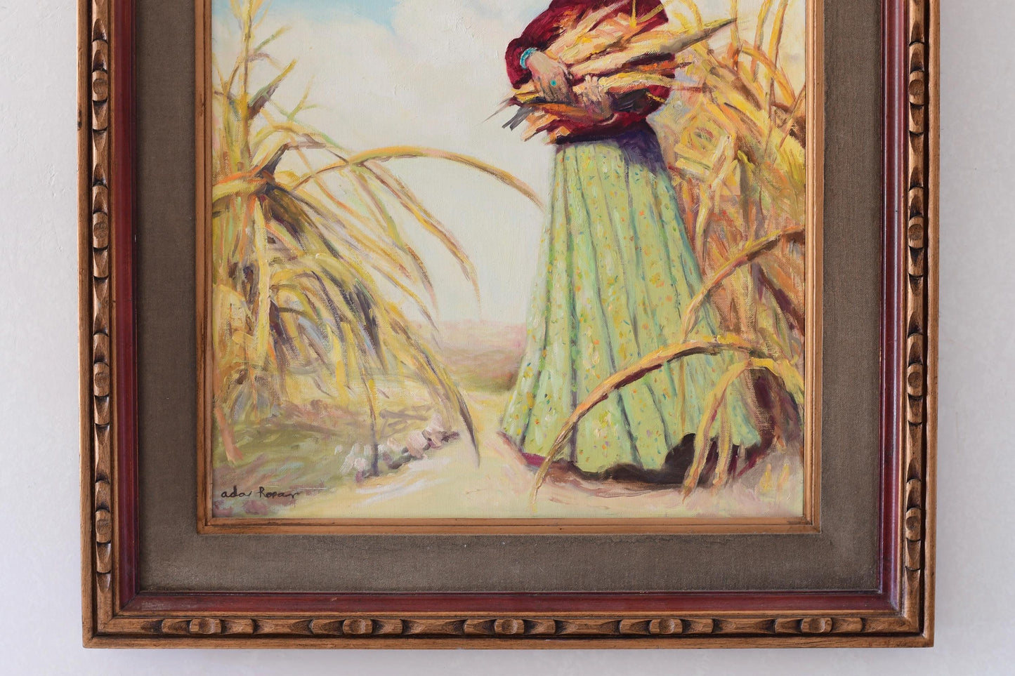 Original Navajo Women Oil Painting Collecting Corn Signed Ada 32” X 28”