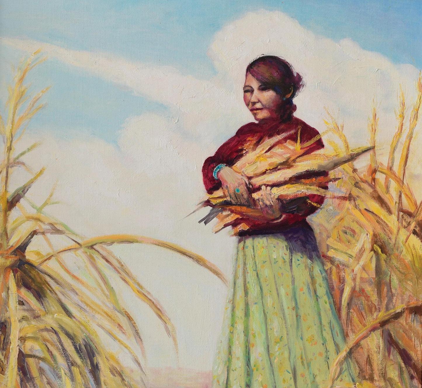 Original Navajo Women Oil Painting Collecting Corn Signed Ada 32” X 28”